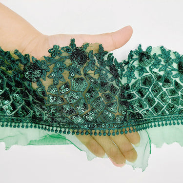 Green Net Lace Trim with Floral Embroidery And Sequins, Sari Border, Embroidered Trim